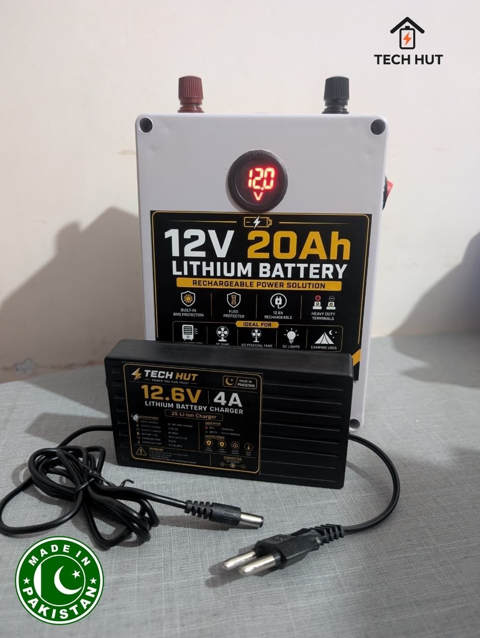 12V 20Ah Lithium-Ion Rechargeable Battery | Built-in 40A BMS | 12.6V DC Battery for Fans, Coolers & LED Lights | Charger Included | 3 Months Warranty - Tech Hut