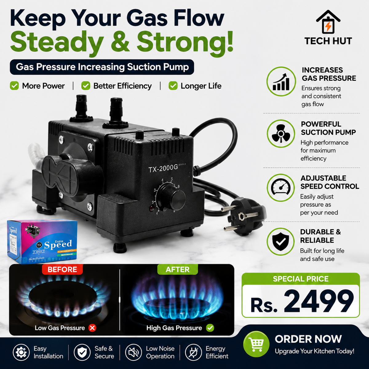 Gas Pressure Increasing Suction Pump TX-2000G | Boost LPG Gas Flow & Flame Performance