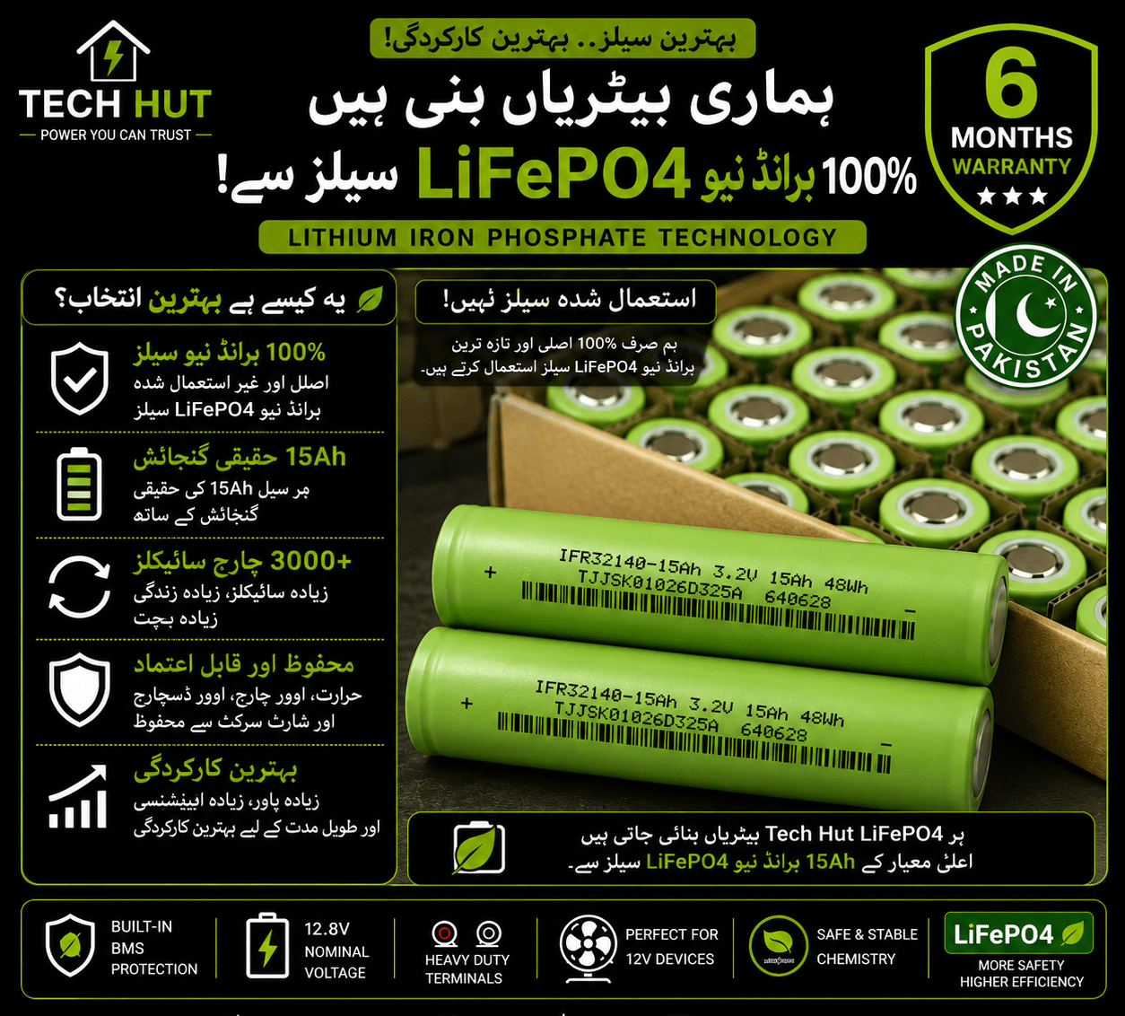 12V LiFePO₄ Battery | Premium Lithium Iron Phosphate Battery with Charger & BMS Protection | 6 Months Warranty - Tech Hut