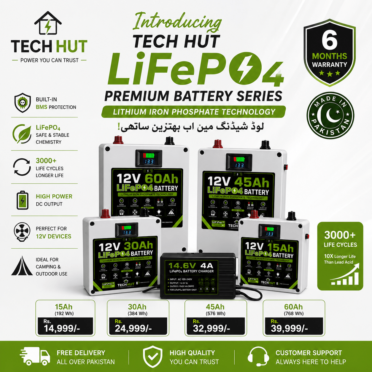 12V LiFePO₄ Battery | Premium Lithium Iron Phosphate Battery with Charger & BMS Protection | 6 Months Warranty - Tech Hut