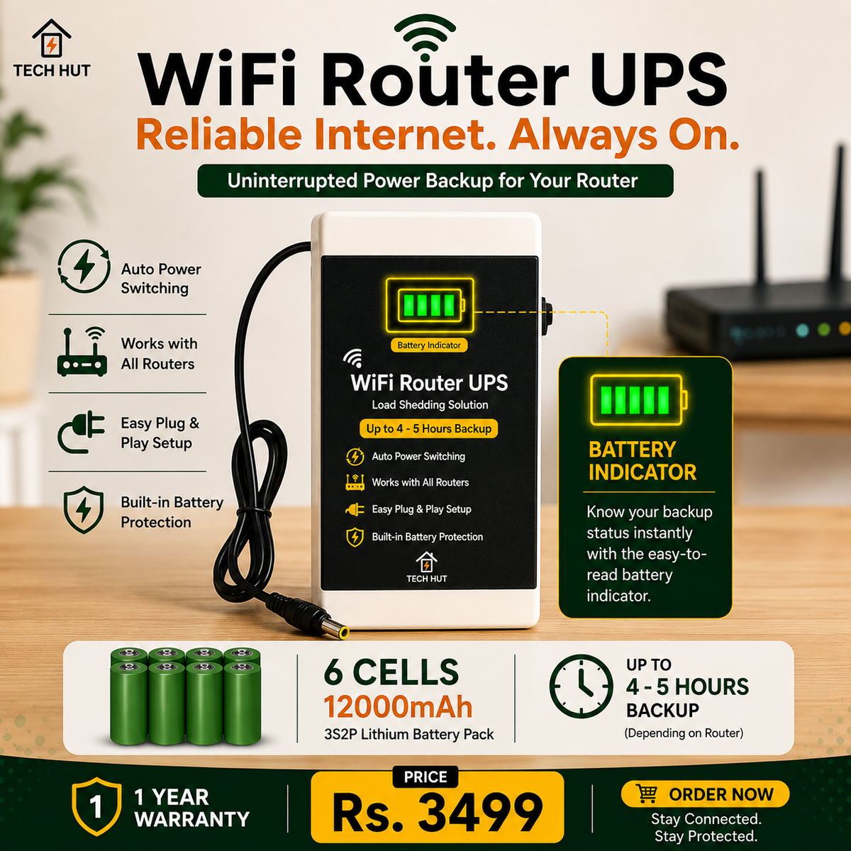 12 V WiFi Router UPS with Battery Indicator – Supports Standard & Heavy 5G Fiber Routers | Adapter Included with 1 Year Warranty