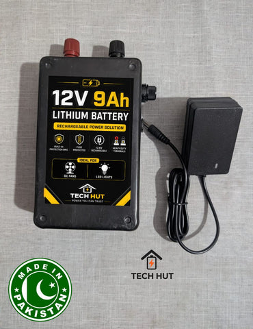 12V Lithium Battery for Mini DC Fans & LED Lights | 6Ah & 9Ah | Rechargeable | BMS Protected | Charger Included - Tech Hut