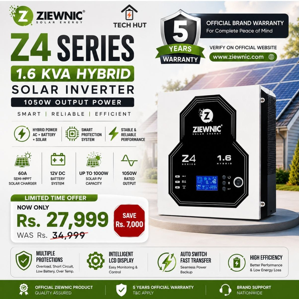 Ziewnic Z4 1.6 KVA Hybrid Solar Inverter 1050W – 12V Battery, 60A Semi-MPPT Solar Charger, 1000W PV Support, 5 Years Brand Warranty