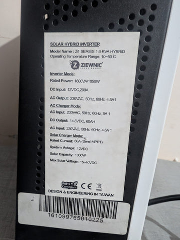Ziewnic Z4 1.6 KVA Hybrid Solar Inverter 1050W – 12V Battery, 60A Semi-MPPT Solar Charger, 1000W PV Support, 5 Years Brand Warranty